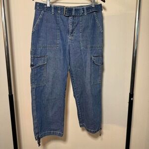 Gloria Vanderbilt Blue Denim Cardo Pants With Adjustable Belt Size 12 Y2K Grunge